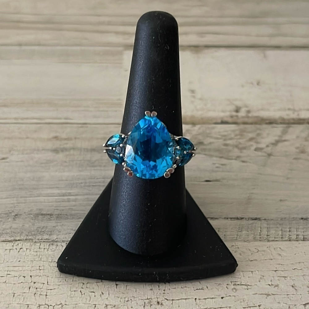 Sterling Silver Pear Blue Topaz Cocktail Statement Ring Size 7.5